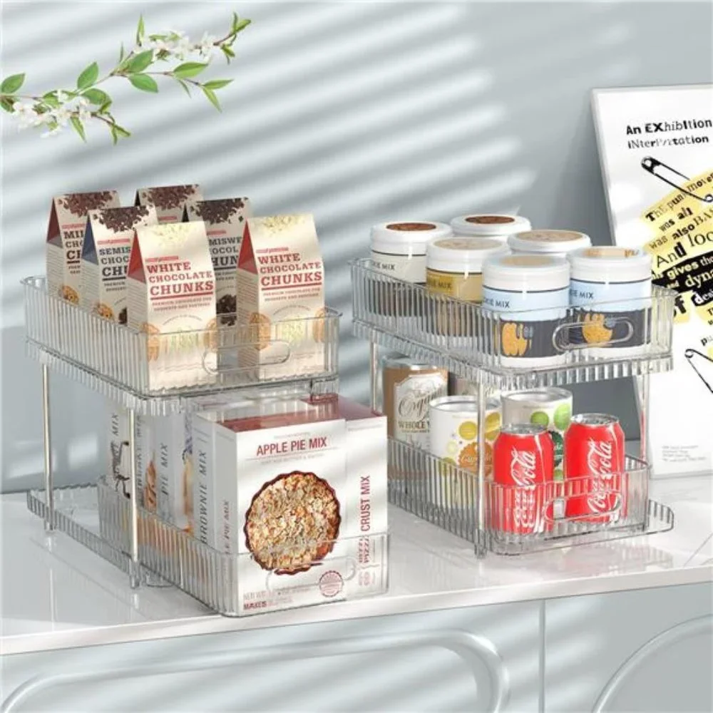 2 Pack Bathroom Cabinet Organizer, 2 Tier Pull Out Clear Under Sink Organizers